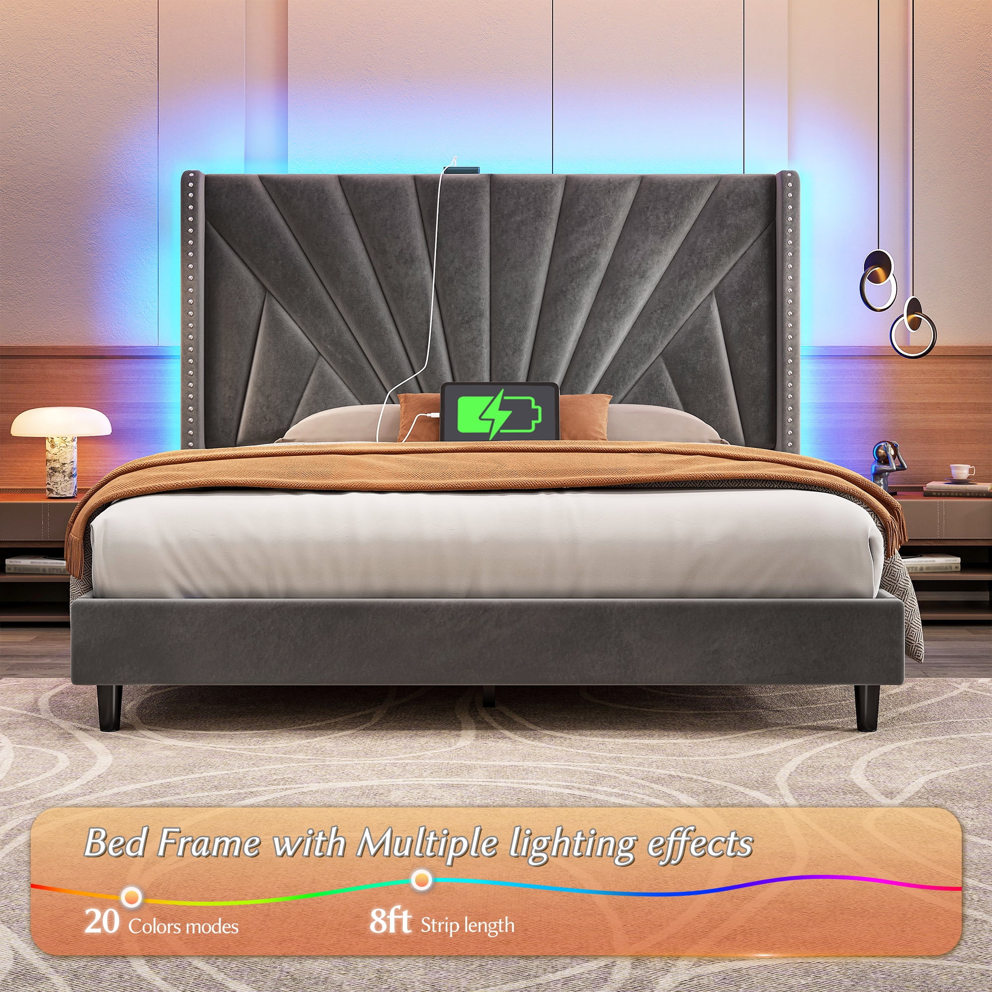 Romorgniz Queen Size Bed Frame with 51'' Tall Headboard Velvet Upholstered Bed Frame with Charging Station & LED Lights Platform Bed Frame No Box Spring Needed, Noise-Free,Grey