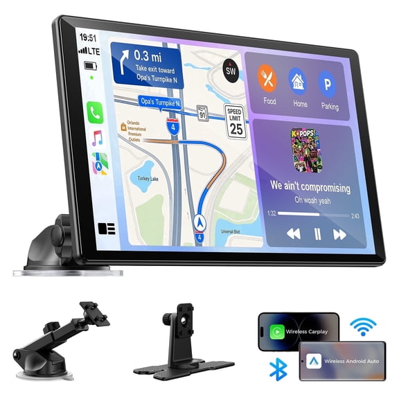 LAMTTO 10.1" Wireless Portable CarPlay Screen for Old Vehicle with Super Link Mirroring, Apple CarPlay & Android Auto, Bluetooth, FM, AUX, Navigation