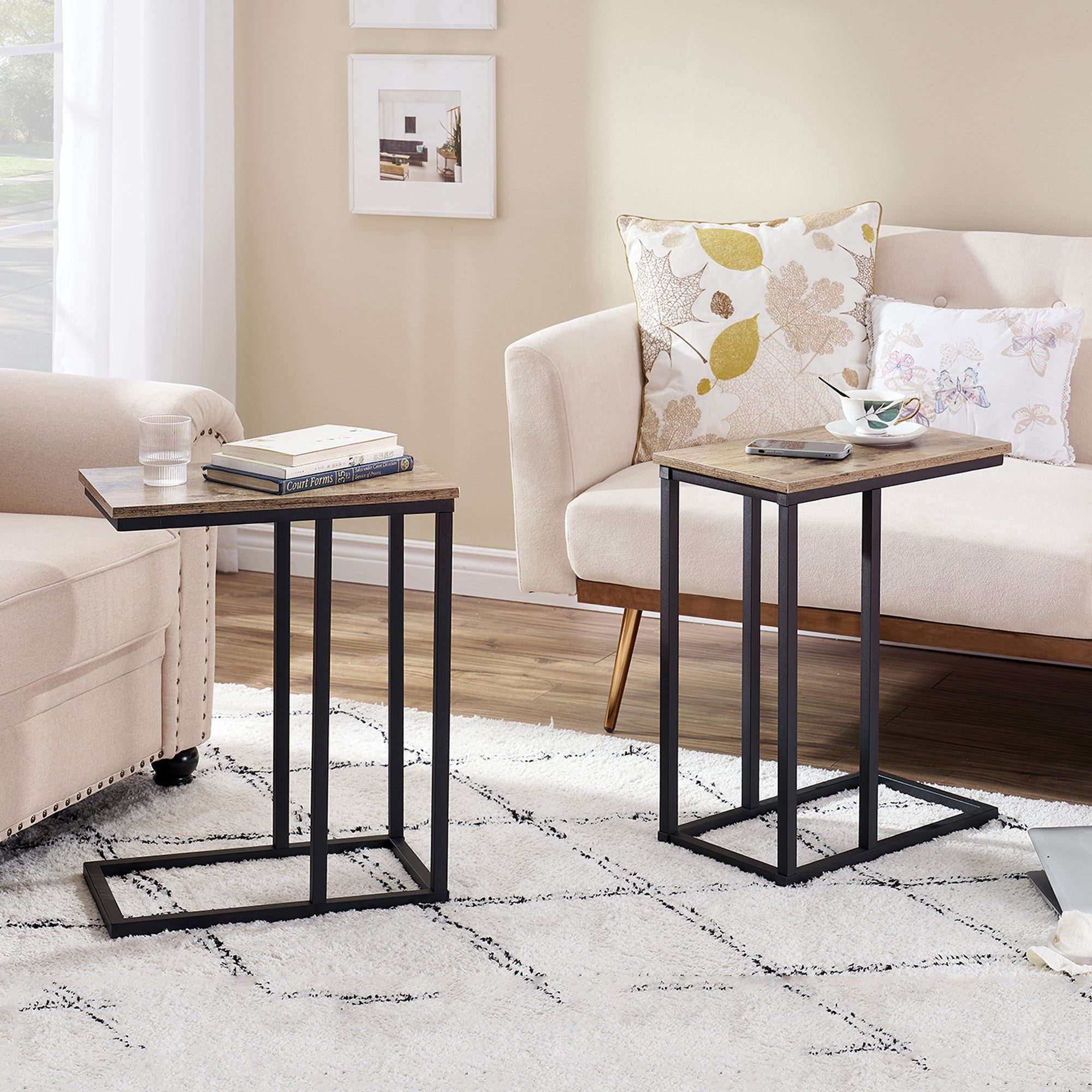 VECELO Set of 2 C-Shaped Sofa Side Table, Small End Table for Living Room, Narrow Bedside/TV Tray Table, Gray