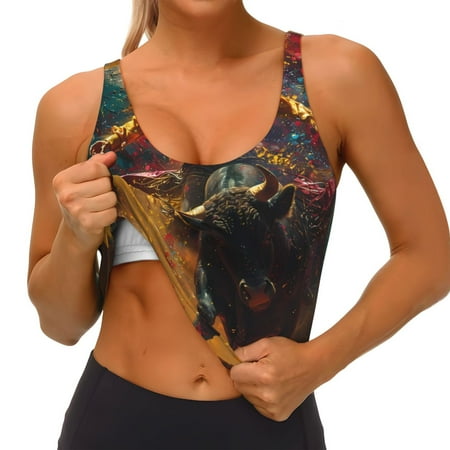 Qokaie Colorful Bull Western Man Pattern Womens Scoop Neck Sports Bra Breathable Workout Vest Padded U Back Medium Impact Fitness Gym Yoga Bra Workout Crop Top