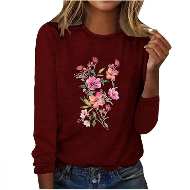 Blouses pour Femmes Décontractées, Blouses à Manches Longues pour Femmes, Mode Femmes Décontractées Manches Longues Imprimées Col Rond T-Shirt Ample Blouse, Blouses Femmes Manches 3/4, Blouses Manches 3/4 pour Femmes