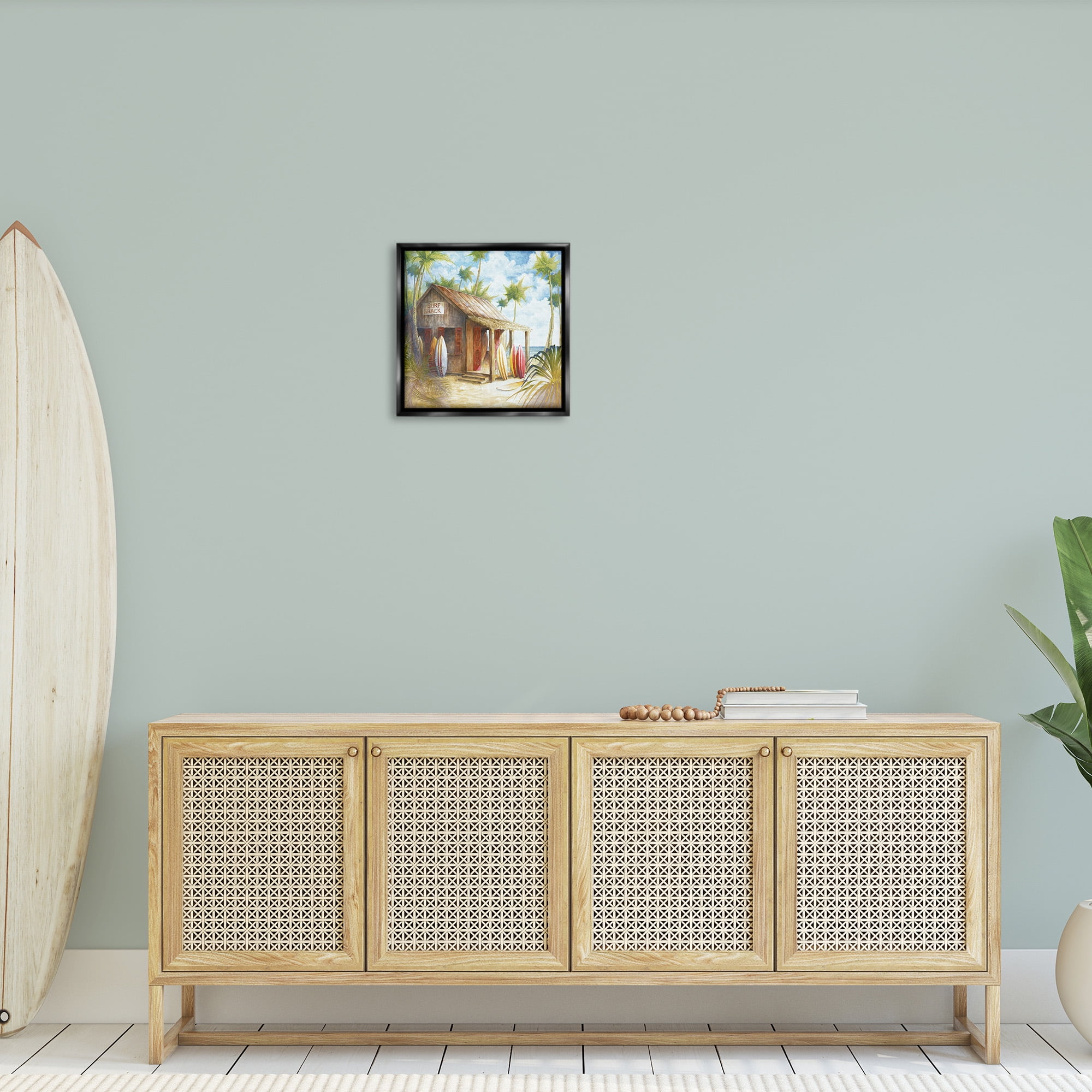 Stupell Industries Summer Surf Shack Landscape Painting Black Floater Framed Canvas Art Print Wall Art, 18 x 18