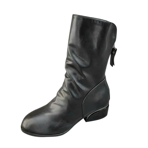 Xiaoxatg Women's Mid-Calf Boots Winter Fashion Leather Back Zipper Comfortable Temperament Stylish Footwear 7 Black
