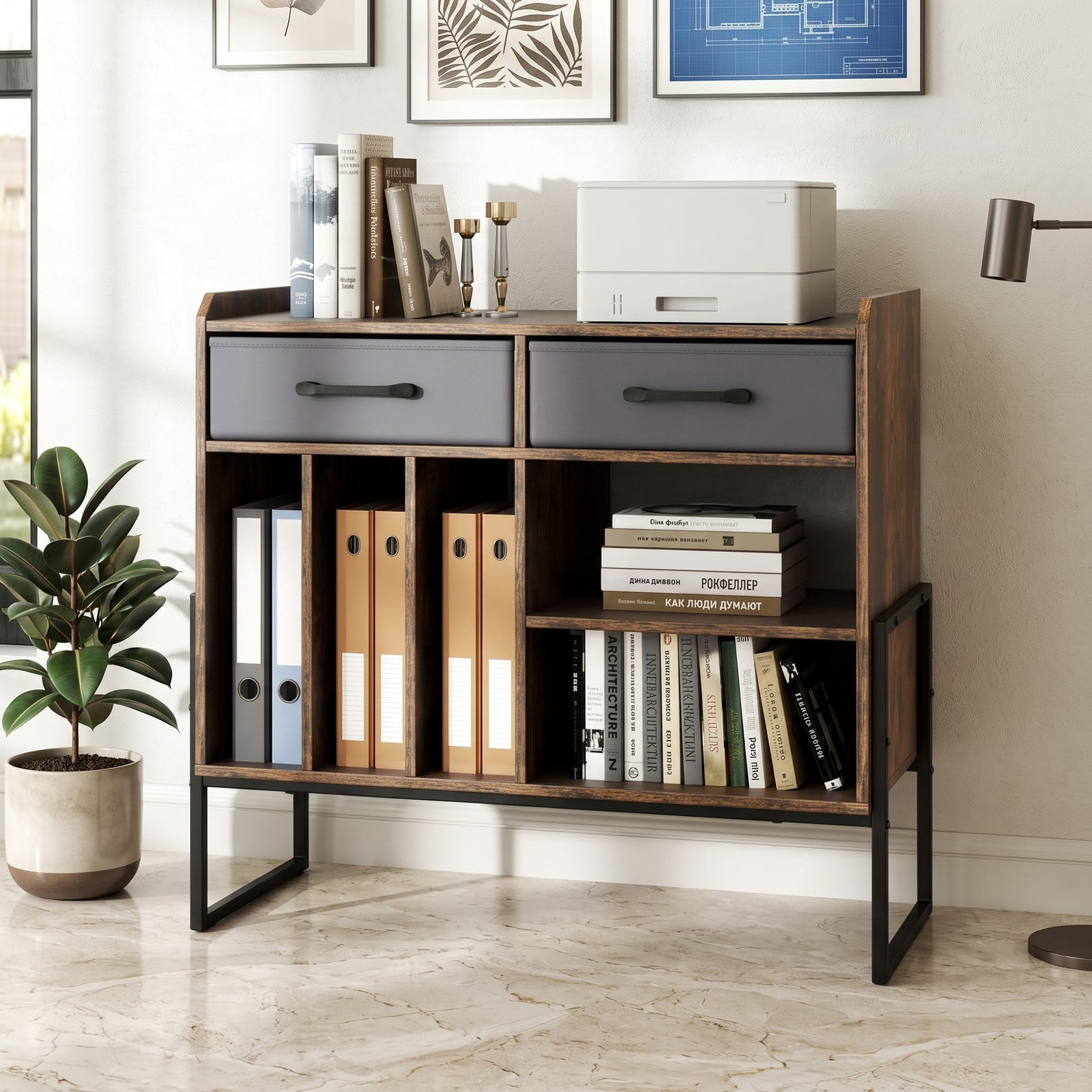 Furnibear Record Player Stand with Charging Station, Mid Century Modern Vinyl Storage Cabinet with USB and Type-C Ports, 2 Fabric Drawers and Adjustable, Rustic Brown