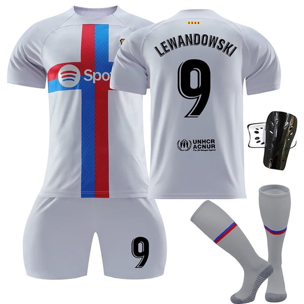 Camiseta de Futbol KEVCHE 2223 FC Barcelona 4 Piezas Set Adultos Lewandowski #8 camiseta Visita Blanco #8/XXXL