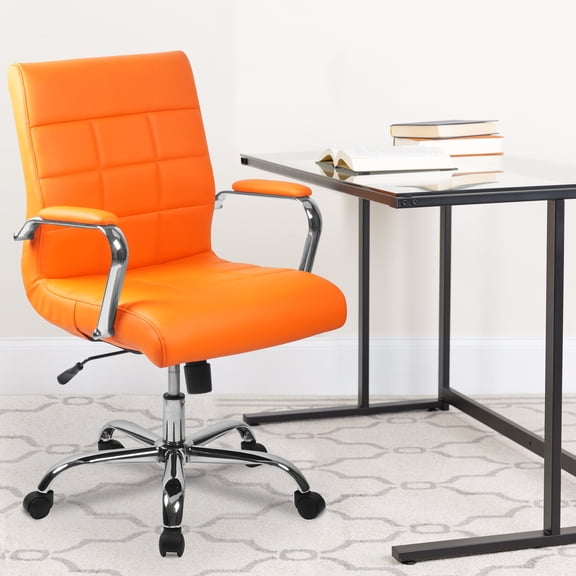 Emma Oliver Mid-Back Orange Vinyl Executive Swivel Office Chair with Chrome Base and Arms