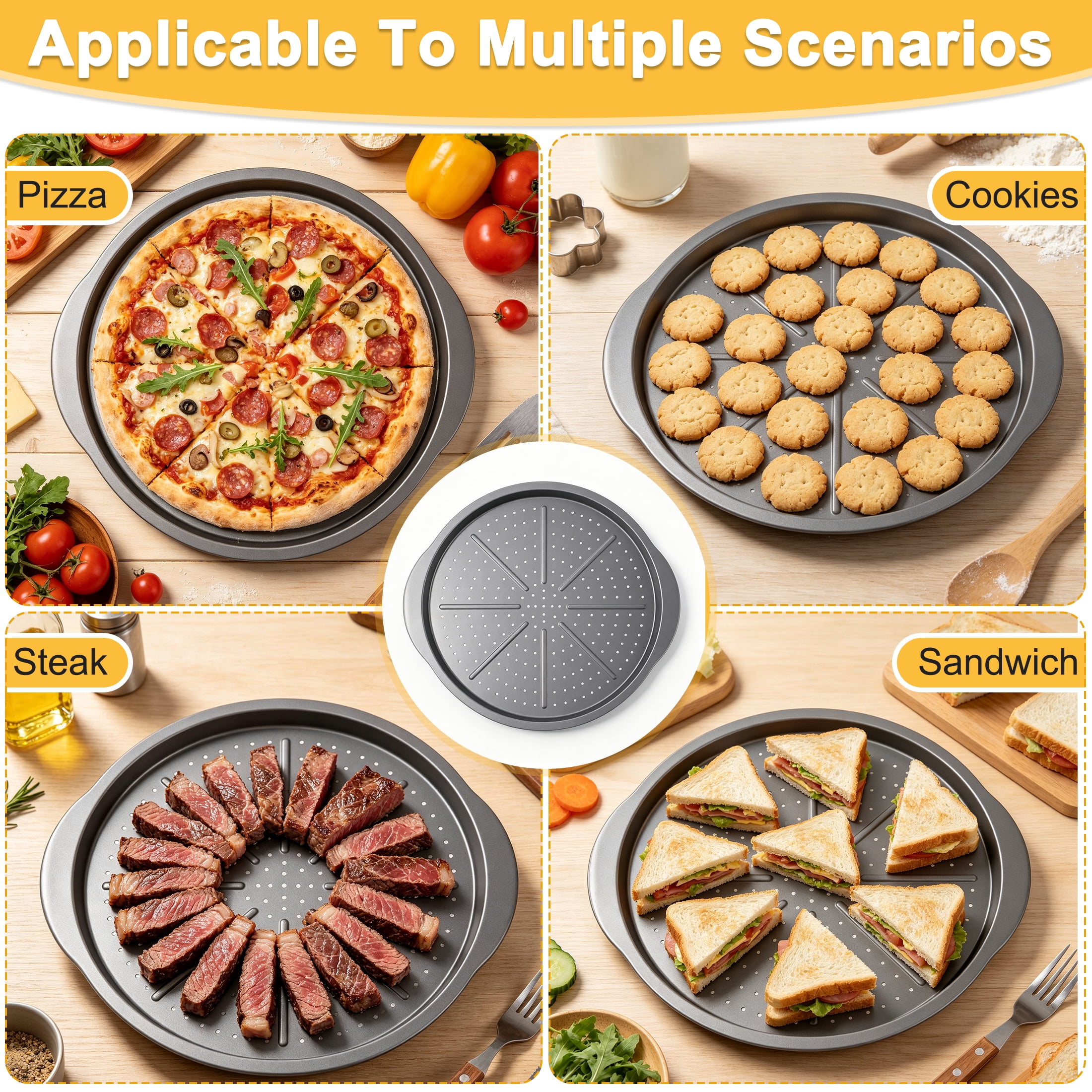 14 Inch Pizza Pan for Baking, Carbon Steel Perforated Pizza Pan with Handles, Non-Stick Carbon Steel Round Pizza Baking Tray, Oven Safe Crispy Crust Pizza Baking Pan