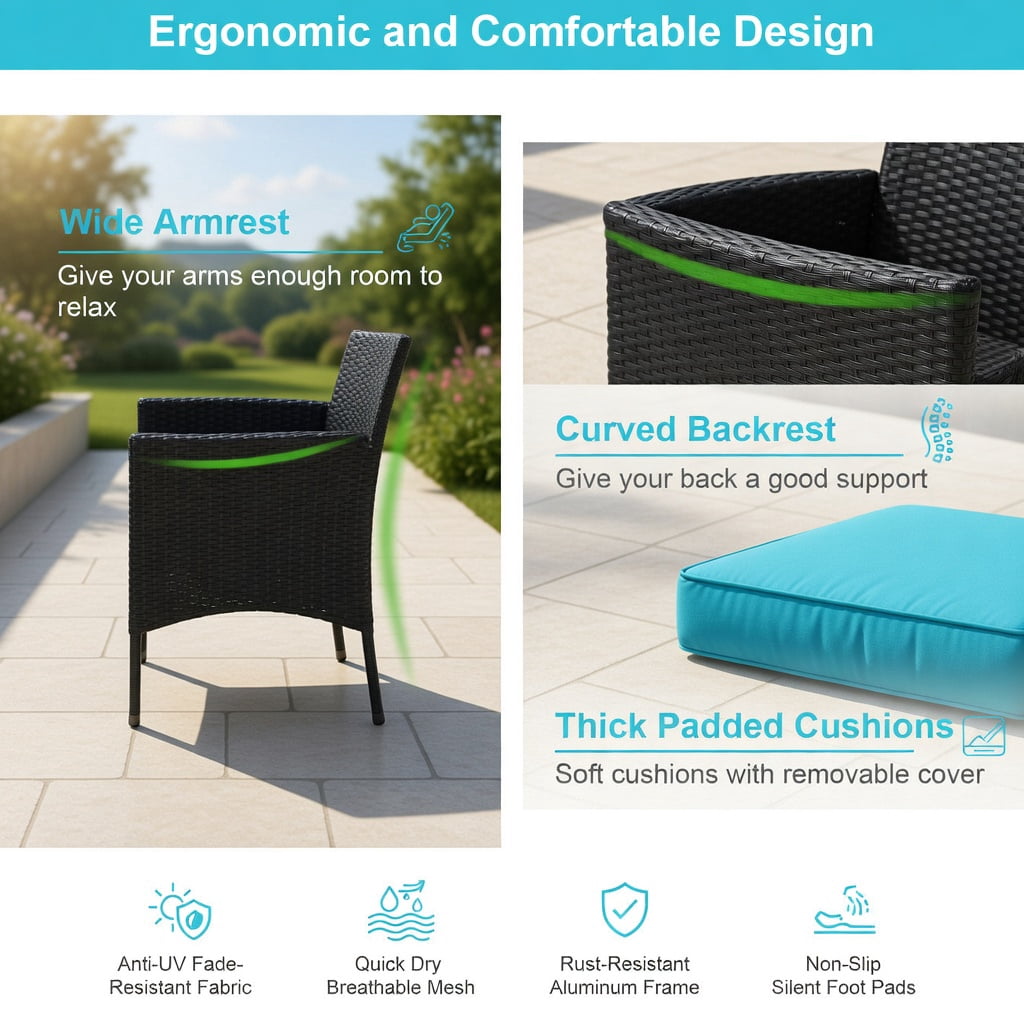 Hommoo Wicker Patio Conversation Set, Outdoor Sofa Set with Removable Cushions, Tempered Glass Table, Weather-Resistant Rattan, for Balcony, Poolside & Garden, Turquoise