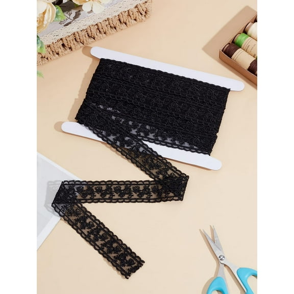4 Yards Milk Fiber Embroidery Flower Lace Trim Flat for Clothing Sewing Black 1-1/8 inch(30mm)