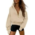 thumbnail image 2 of Lightweight Hooded Pullover Sweatshirt with Half Zip and Pockets, Soft Fleece Fabric Women’s Casual Pullover for Winter, Comfortable Chic Style Beige, 2 of 5