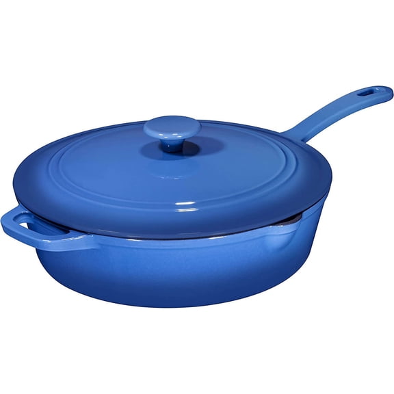 Enameled Cast Iron Skillet Deep Sauté Pan with Lid, 12 Inch, Duke Blue, Superior Heat Retention