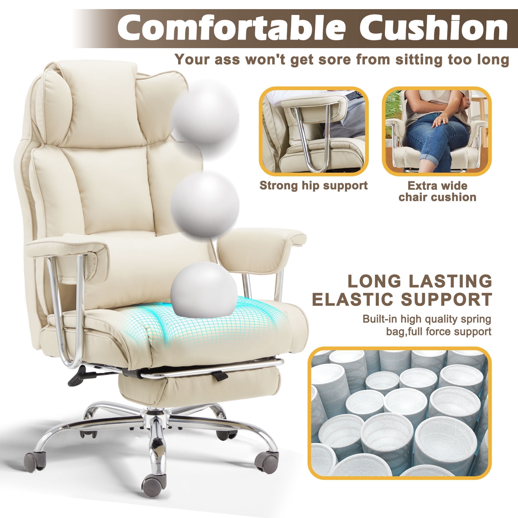 zzw Big and Tall Executive Office Chair, Reclining with Footrest, Adjustable High Back Ergonomic Leather Chair, 400lb Capacity