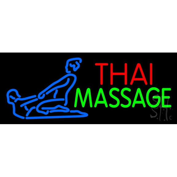 Blue Thai Massage Logo LED Neon Sign 13 x 32 - inches, Black Square Cut Acrylic Backing, with Dimmer - Bright and Premium built indoor LED Neon Sign for Spa interior decor and storefront.