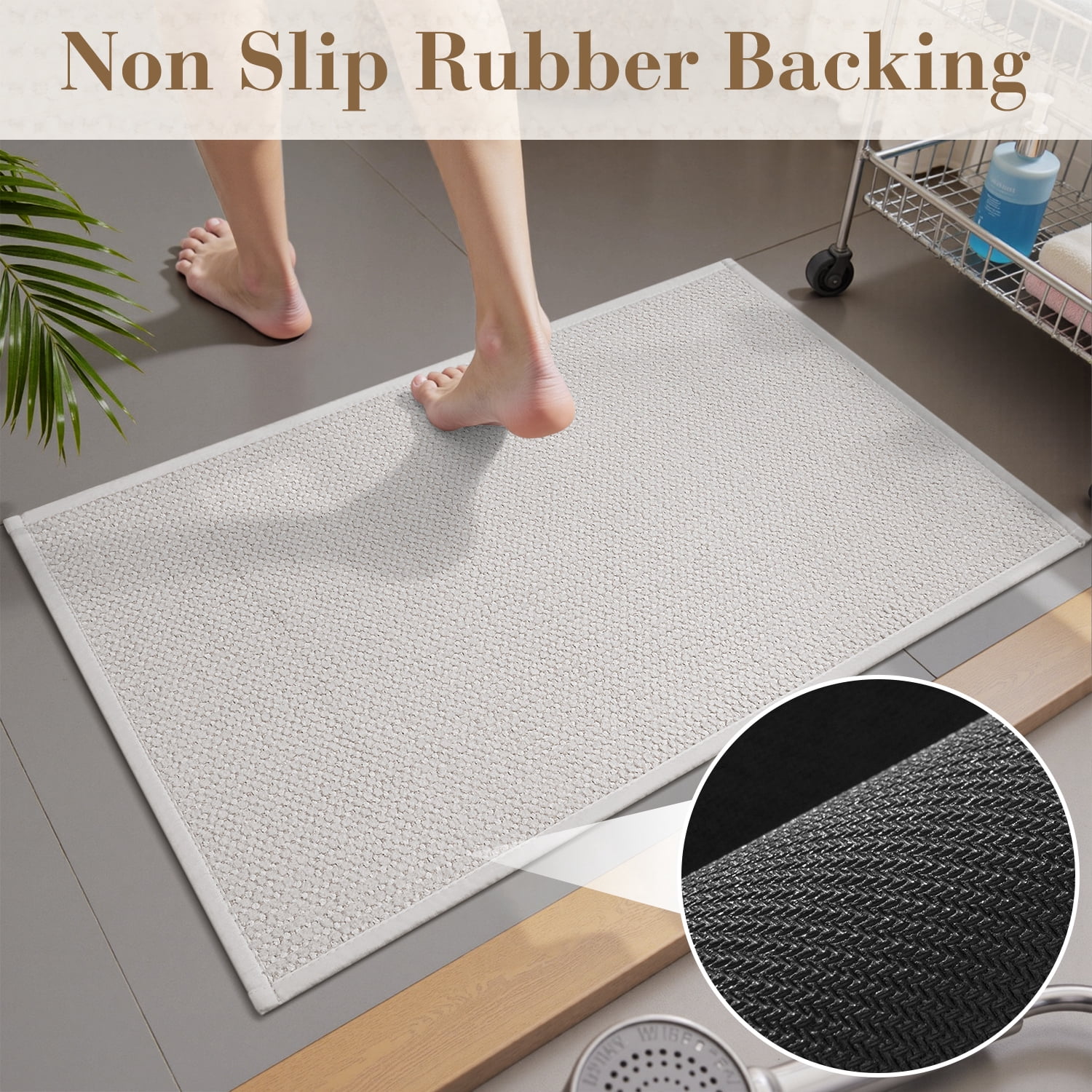 FEELHOME Bathroom Rug Non Slip Absorbent Bath Mat Woven Quick Dry Machine Washable Bathroom Mat with Rubber Backing Ultra Thin Bathroom Rugs Fit Under Door 17"x30" White