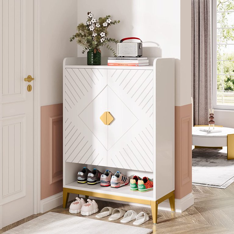 Modern White with Gold Accent Shoe Rack for Entryway