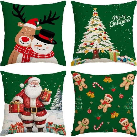 Christmas Pillow Covers 18x18 Set of 4 Green Xmas Decorative Throw Pillows Christmas Tree Deer Santa Pillow Cases Home Outdoor Sofa Couch Cushion Covers for Christmas Decorations (18 by 18)