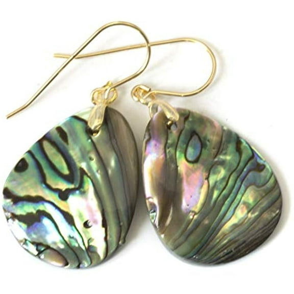 14k Yellow Gold Filled Mother of Pearl Abalone Shell Earrings Peacock Blue Goldtone Bail Simple Oval Drops Designed for Adult Women