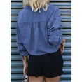 thumbnail image 3 of Women'S Cropped Denim Shirt Roll Up 3/4 Sleeve Casual Loose Drawstring Hem Button Front Jean Jacket Dark Blue M, 3 of 4