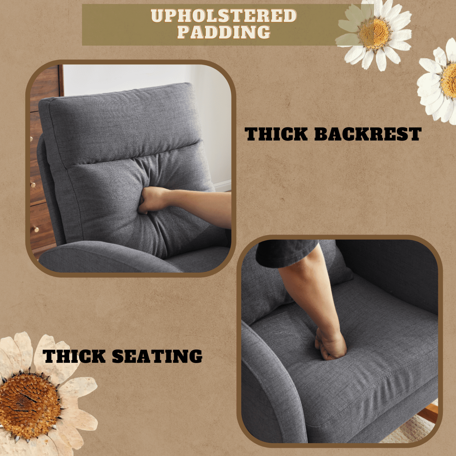 Linen Rocking Chair Nursery with Thick Headrest, Upholstered Mid-Century Modern Nursing Rocker Glider with Curved Armrest, Sturdy Solid Wood Base for Living Room, Bedroom, Baby Room, Grey