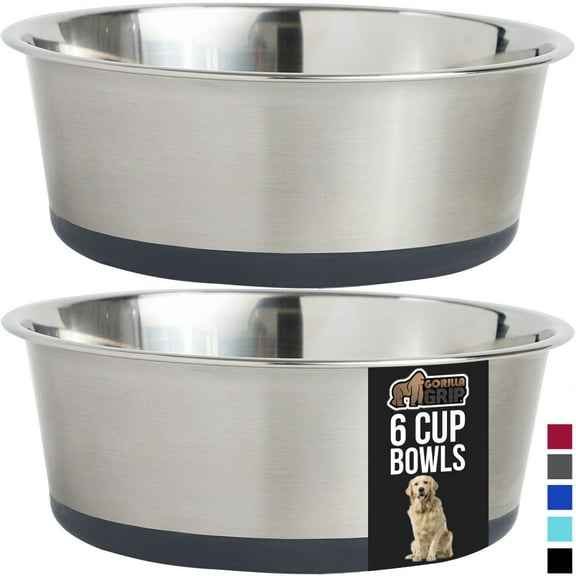 Dog Bowl Set of 2, Heavy Duty Stainless Steel Bowls by GORILLA GRIP, Holds 6 Cups, Gray