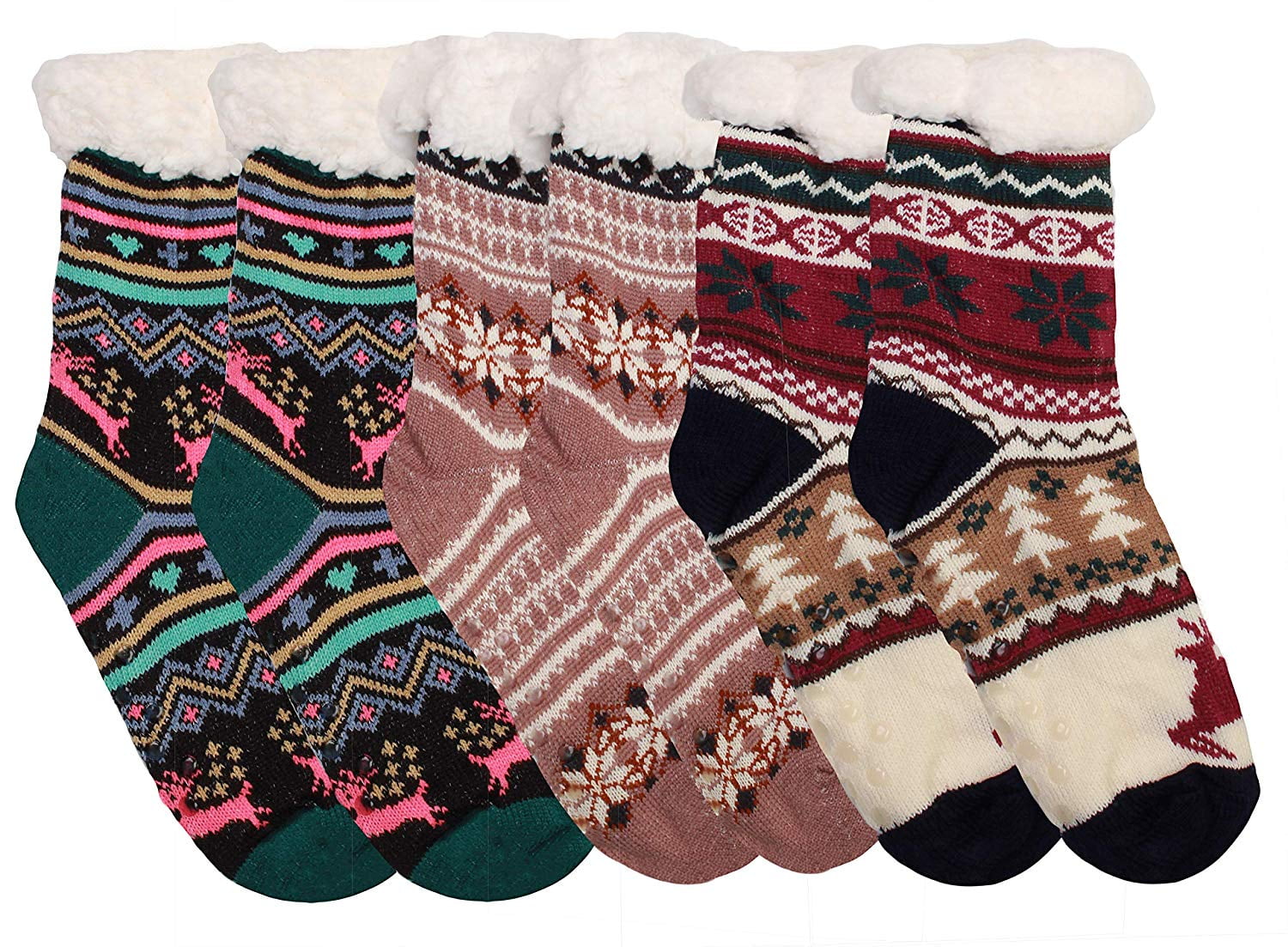 Winter-Weight Thermal Fleece-Lined Cozy Christmas Holiday Sherpa Lined Slipper Socks, 3 Pair 