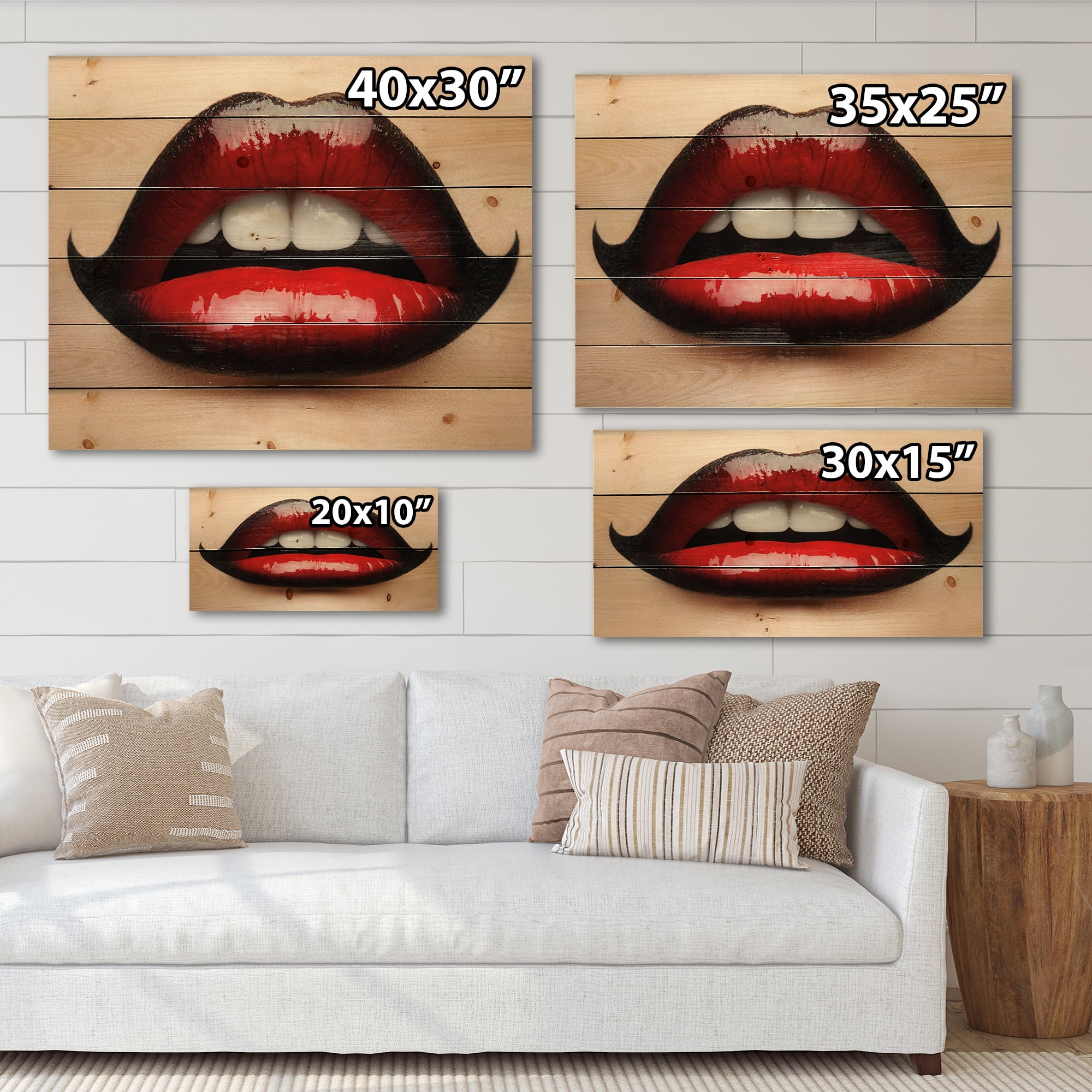 Designart 'Woman Lips With Red and Black Lipstick' Modern Print on Natural Pine Wood