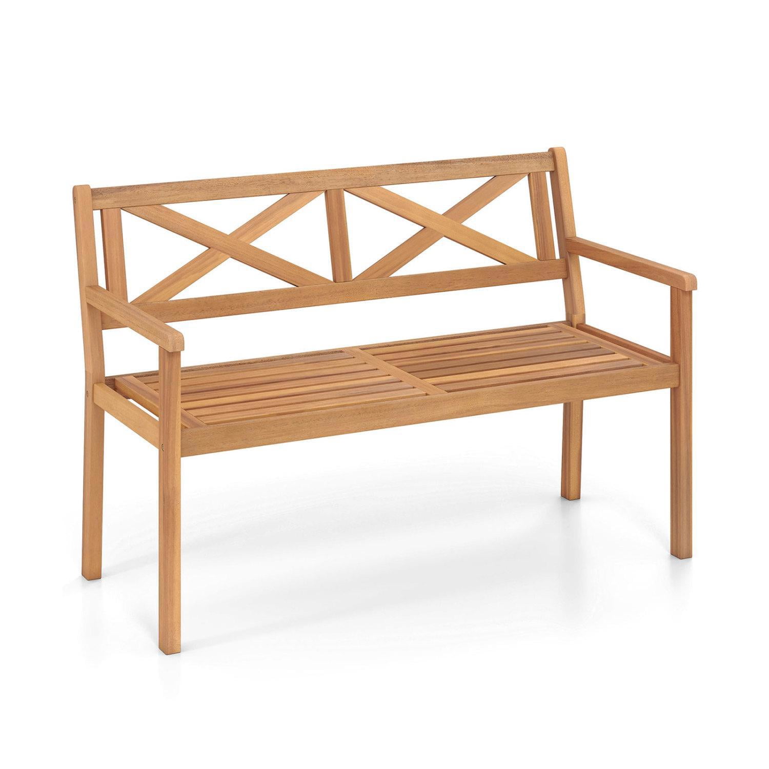 Hommoo 2-Person Patio Acacia Wood Bench, Garden Slatted Loveseat Chair Bench Lounge with Armrests and Backrest for Backyard, Natural