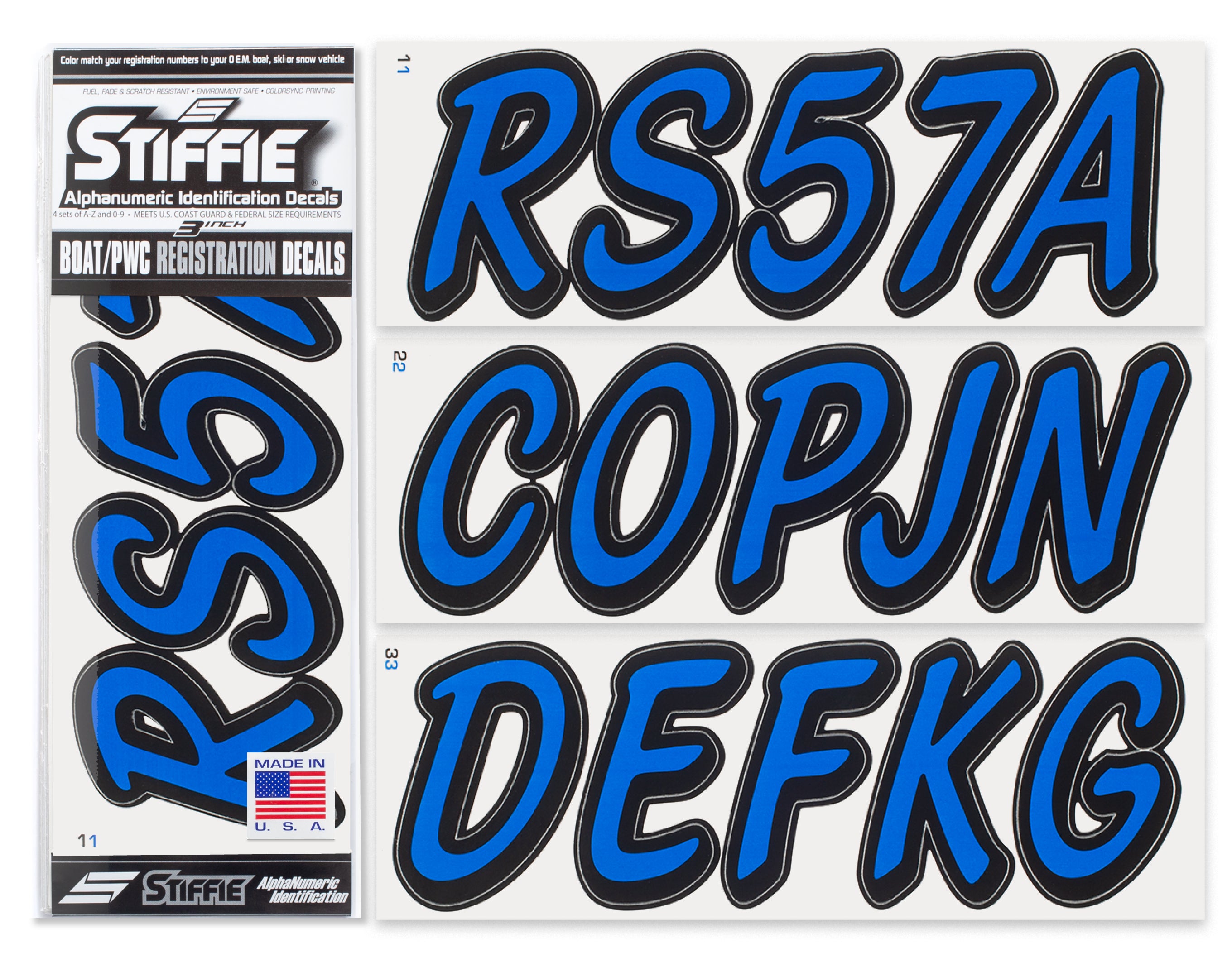 STIFFIE Hardline Boat Registration Numbers - 3 Inch Aqua/Navy Blue Alpha-Numeric Decals For USCG Compliance - View #2