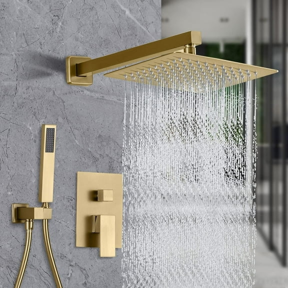 Brushed Gold Shower Faucet Set 12"Rainfall Head System With Valve kit Wall Mount
