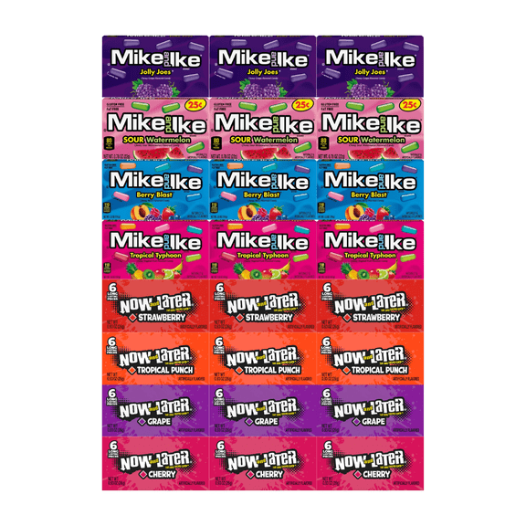 Assorted Candy Mix Variety Pack – 4 Flavors of Mike and Ike & 4 Flavors of Now and Later – 3 of Each Flavor – Bulk 24 Pack – Fruit Chewy Candy – Individually Wrapped for Snacking, Parties & Sharing