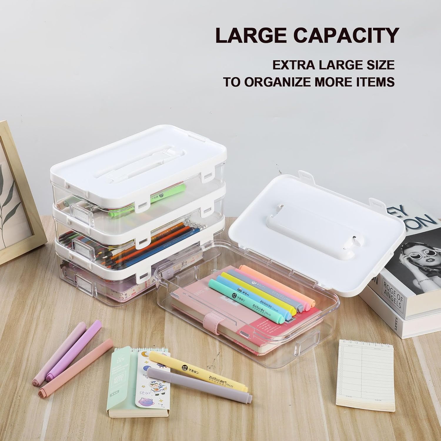 IBEQUEM 4Pcs Clear Plastic Storage Container with Lid & Handle, Multipurpose   Stackable Storage Organizer Box for Office Home Use-10 x 6 x 2.6 inch