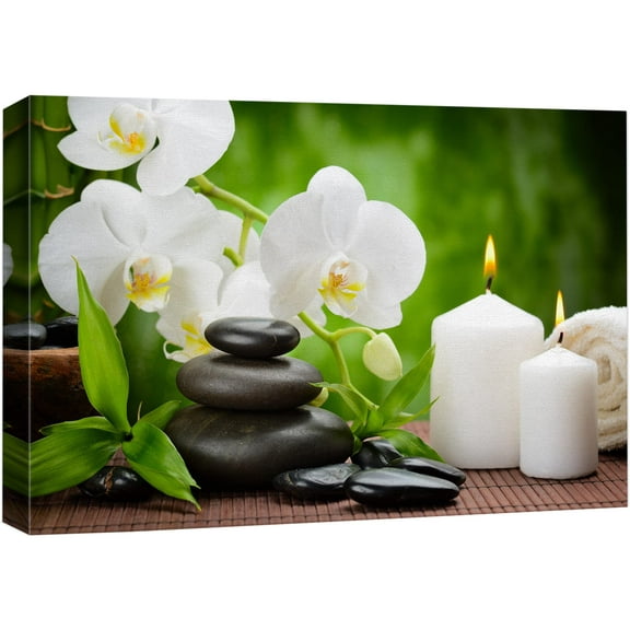 wall26 Canvas Print Wall Art Basalt Stones & Orchids on Wood Panel Nature Floral Photography Realism Rustic Colorful Multicolor Ultra for Living Room, Bedroom, Office - 24"x36"