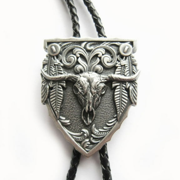 Vintage Silver Plated Western Rodeo Bull Bolo Tie Leather Necklace