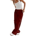 thumbnail image 2 of Stephy Womens Daily Elastic Waist Pockets Straight Solid Color Casual Pants Loose Pockets Cargo Long Trousers, Red, S, 2 of 9