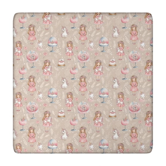 Beige Princess Unicorn Pattern Square Fitted Tablecloth with Elastic Edge,Square Table Cover,Washable Elastic Table Cover for Home Kitchen Party Decor 34"x34"
