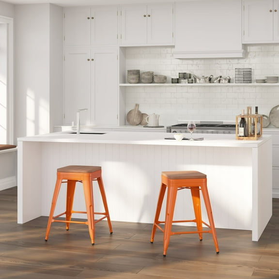 Merrick Lane 24" High Backless Orange Metal Counter Height Dining Stool with Wooden Seat for Indoor Use