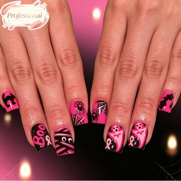 24Pcs Halloween Press On Nails Medium Coffin, Glossy Full Cover Fake Nails, Reusable Acrylic Stick On False Nail Tips Salon DIY Manicure Nail Art Gift for Women Costume Party Daily Casual Night Wear