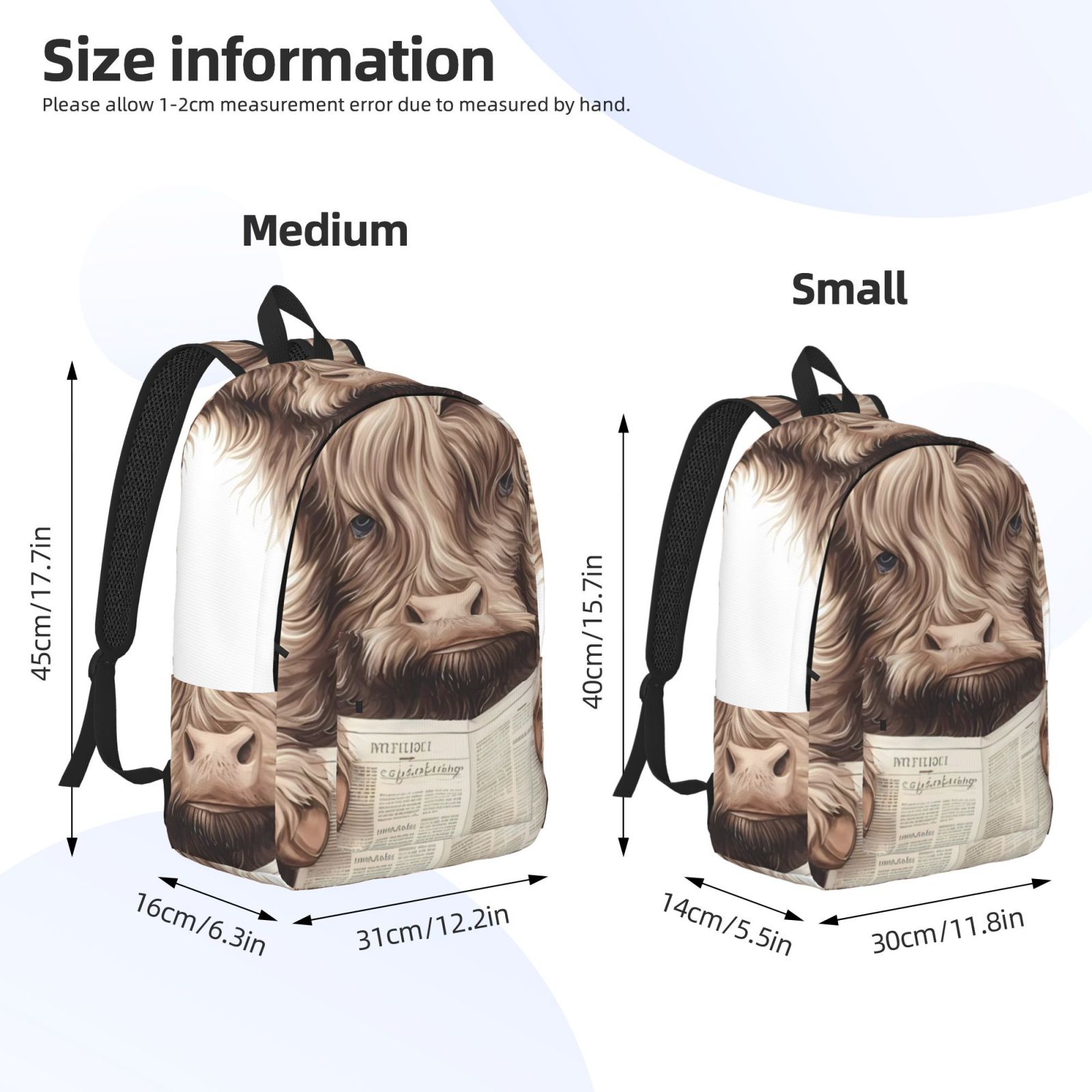 Picia Relaxed Cute Cow Reading Printed Canvas Daypack - Stylish and Durable Vintage Compact Backpack - Class, Work, Travel, or Laptop Bookbag,Organized Compartments-Small