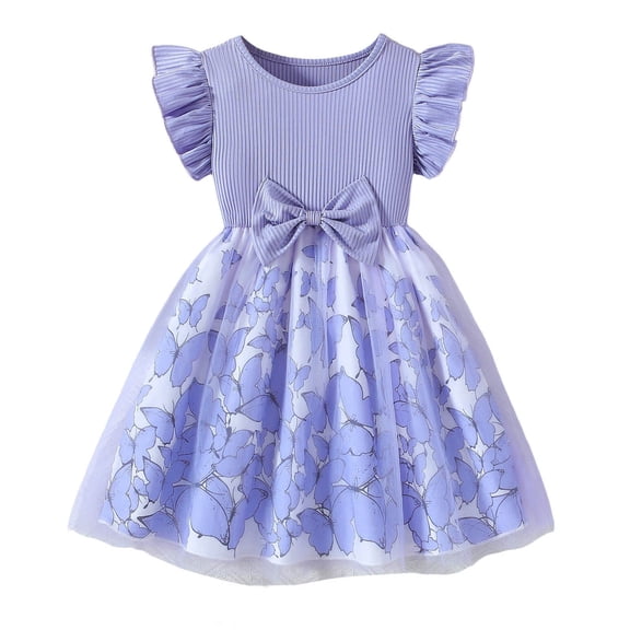 WhouRiu Girls Casual Floral Print Dresses Sleeveless Flutter Sleeve Crew Neck Dress Kids Comfortable Cute Mesh Layered Party Clothing,6-7 Years