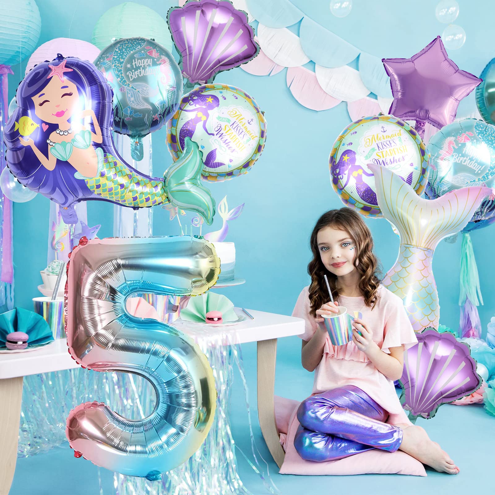 Meerjungfrau Geburtstagsdeko „Dive Into Five“ – Hintergrund, Ballons, Cake-Topper Für 5. Geburtstag, Mädchen-Ozean-Thema