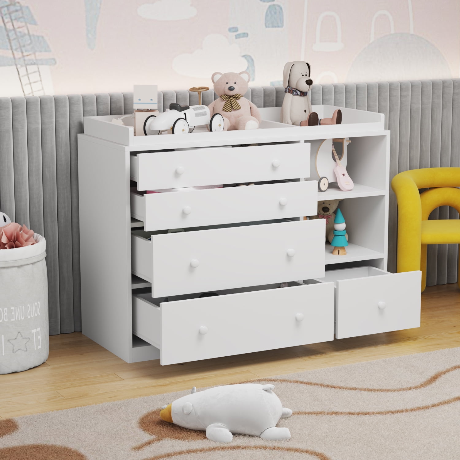 KULAGAGA 5 Drawer Universal Dresser, Storage Dresser Chest with Open storage compartment, Baby Changing Table Ideal for Nursery, Toddlers and Kids rooms