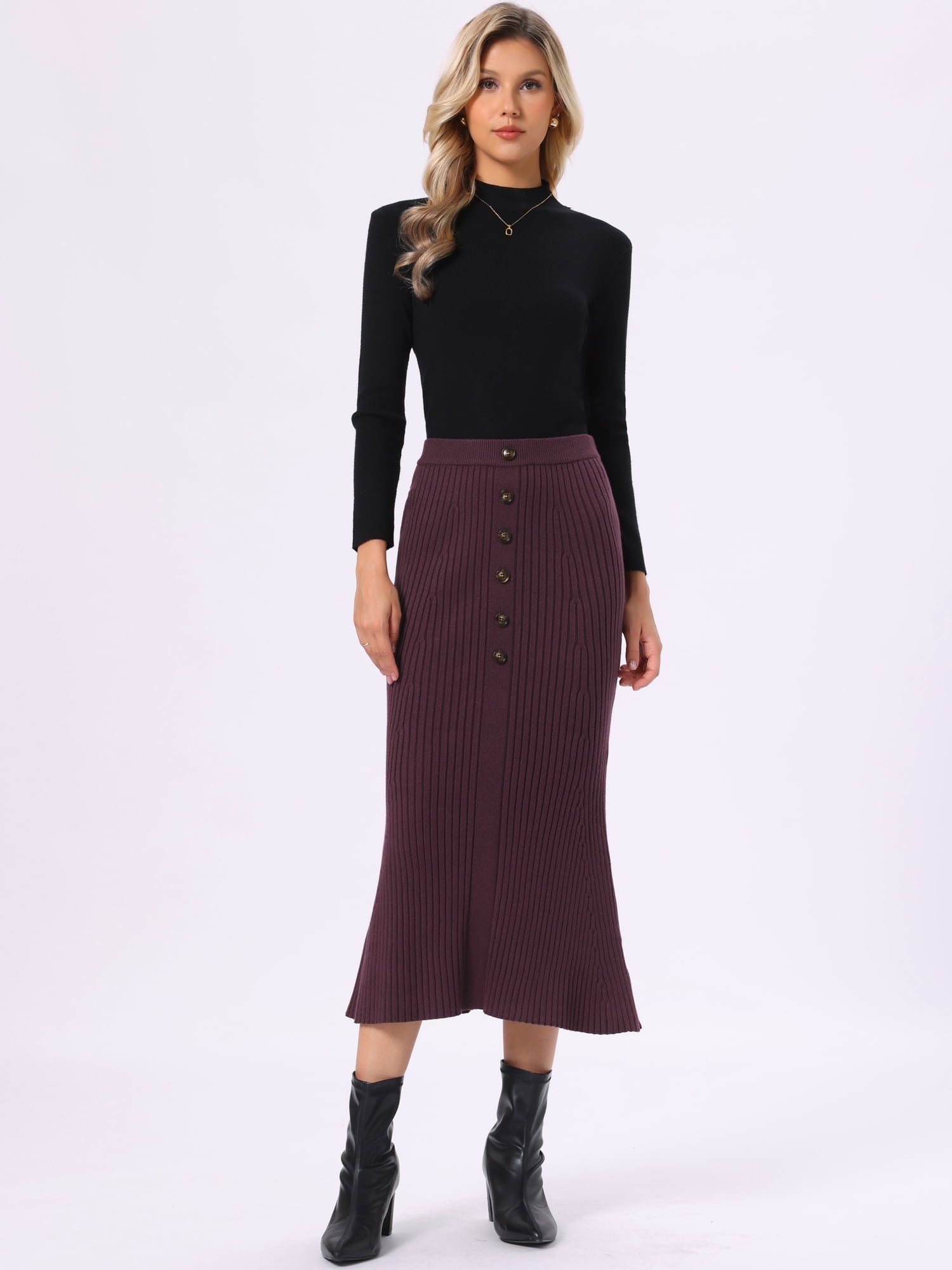 DARING DIVA Women's Knit Maxi Skirt Elastic Waist Ribbed Fishtail Skirt S Deep Purple Red
