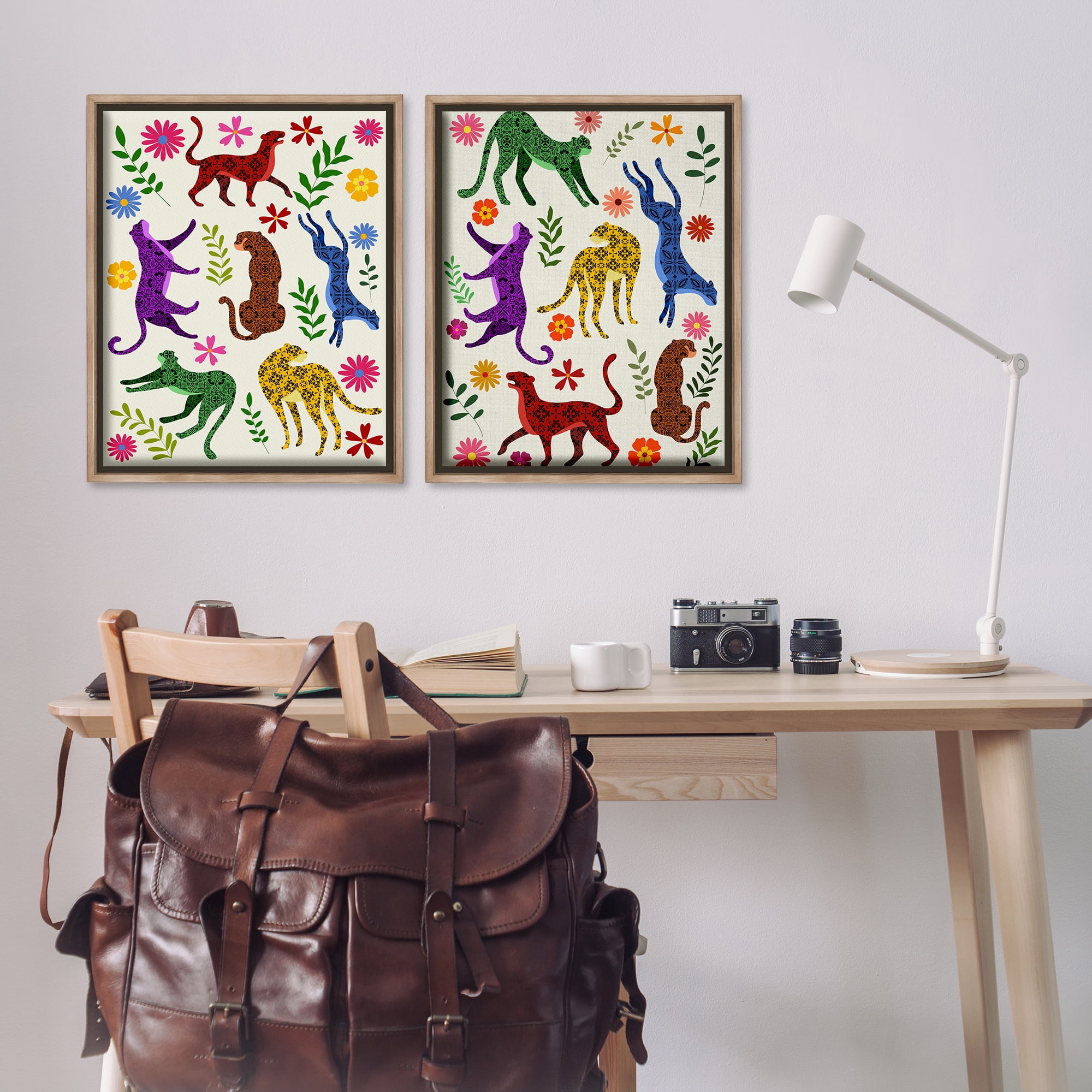 Stupell Industries Patterned Floral Jungle Cats Animals Painting Brown Floater Framed Canvas Art Print Wall Art, 31 x 25, Set of 2