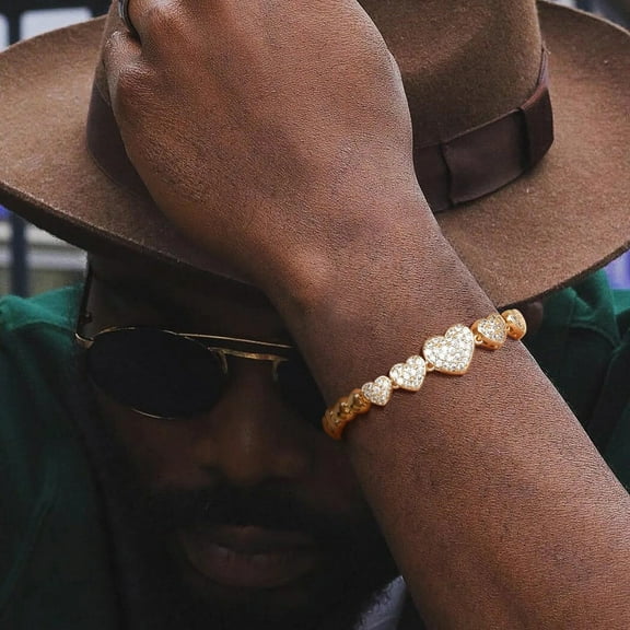 Luxury Heart Charm Chain Bracelets for Men with CZ Stone, 14K Yellow Gold Link Chain Wristband Jewelry, Gifts for Him