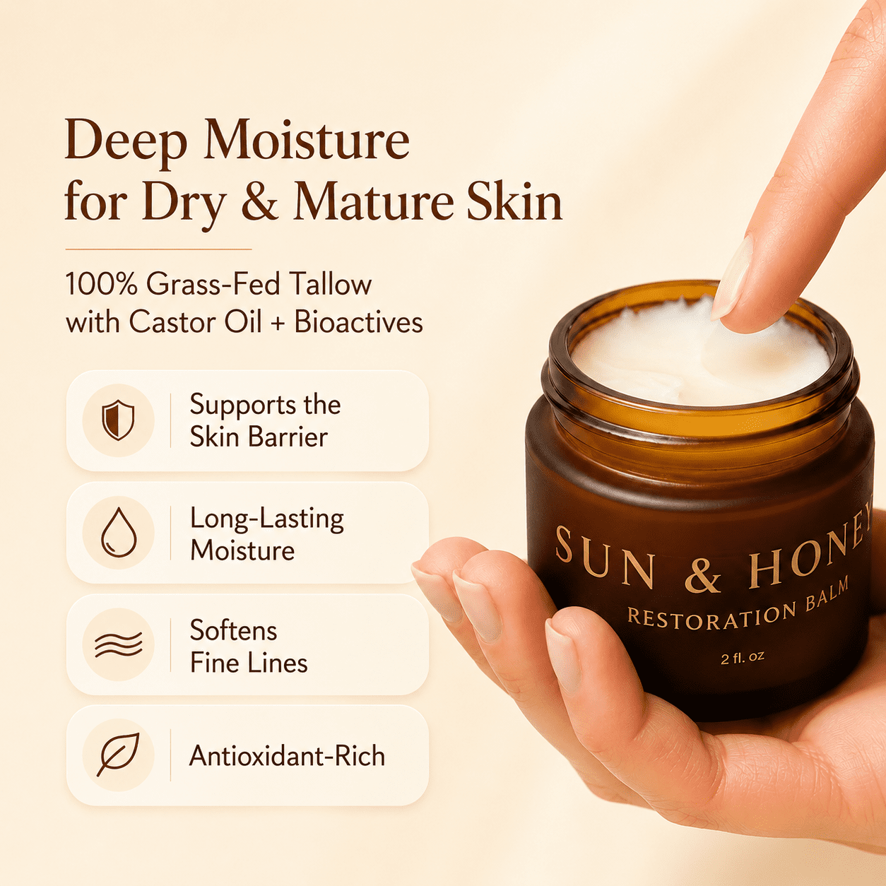 Beef Tallow for Face – 100% Grass-Fed Tallow Balm for Dry & Mature Skin | Cosmetic Grade Tallow Face Moisturizer with Castor Oil, Jojoba, Rosehip, Beeswax & Frankincense | Sun & Honey