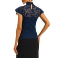 thumbnail image 3 of INSPIRE CHIC Women's Keyhole Back Top Short Sleeve Stand Collar Semi Sheer Blouse S Navy Blue, 3 of 6