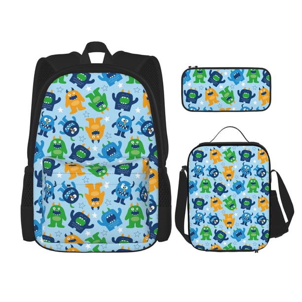 Easygdp Cartoon Monster Mochila para Niños y Niñas con Set de Caja de Almuerzo y Estuche para Lápices 3 en 1, Mochila Escolar Estampada para Adolescentes