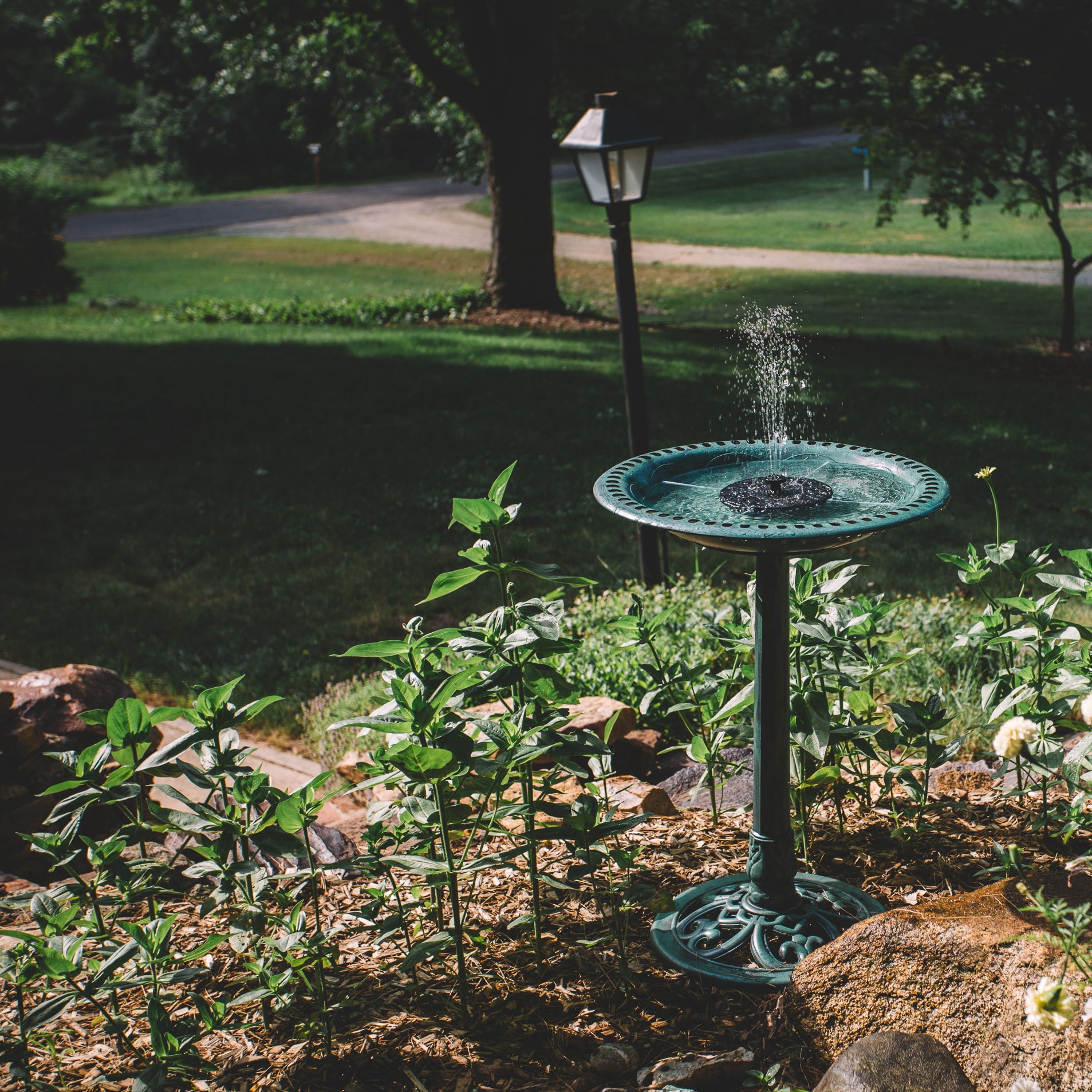 Backyard Expressions Solar Pump Outdoor Bird Bath Fountain, Antique Green Finish