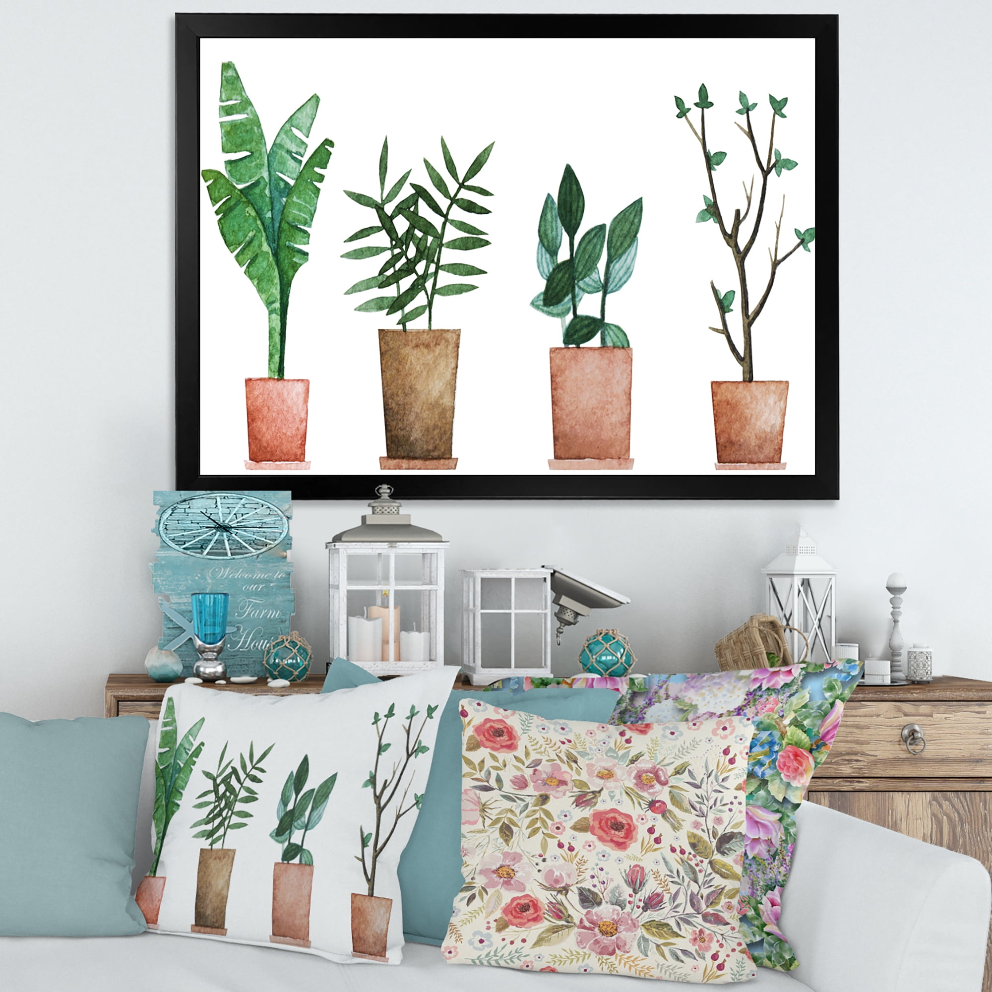 Designart 'Duo of Potted Flowers House Plants In Claypots' Farmhouse Framed Art Print