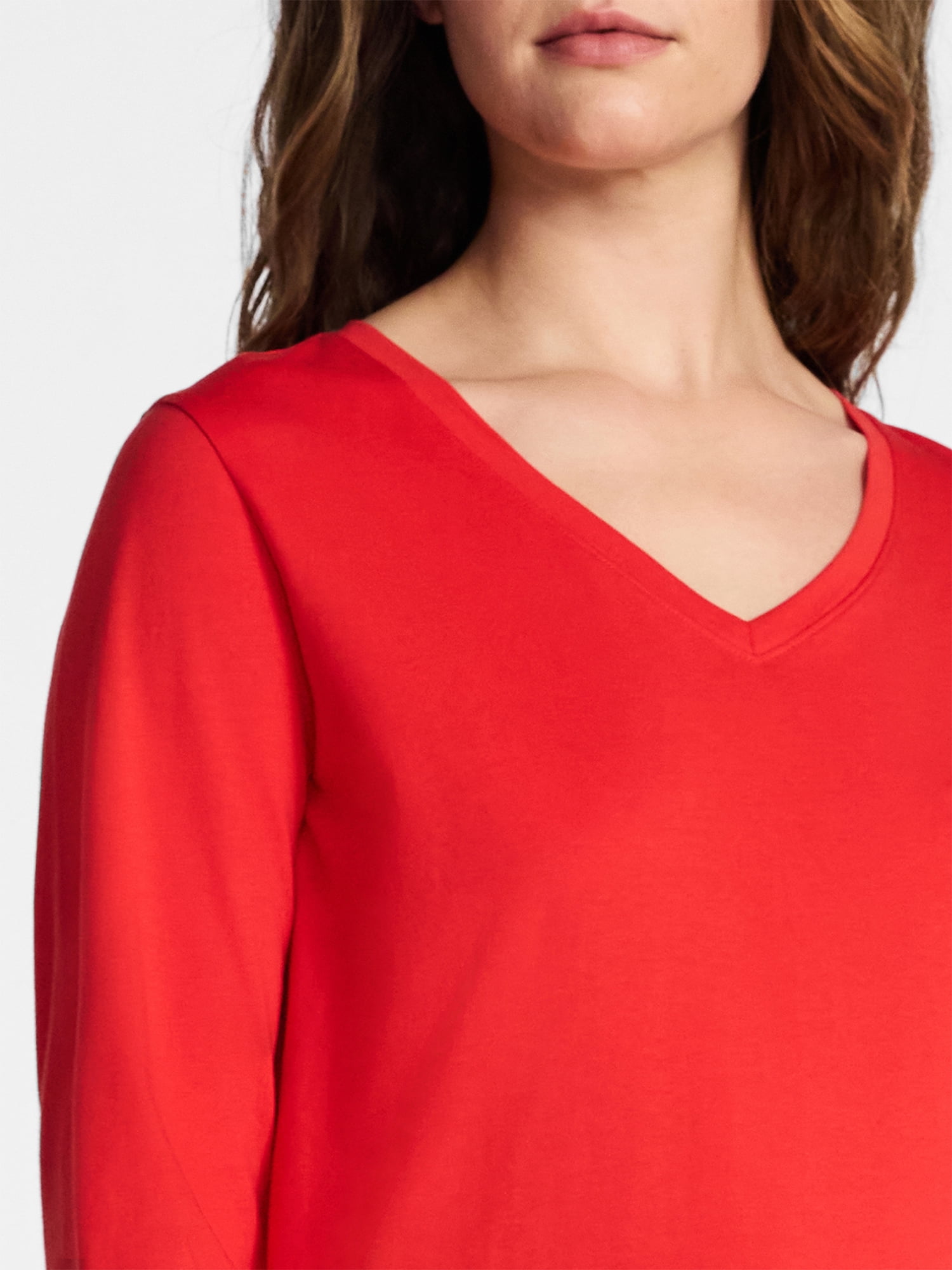 Time and Tru Women's Cotton V-Neck Tee with Long Sleeves, Sizes XS-XXXL